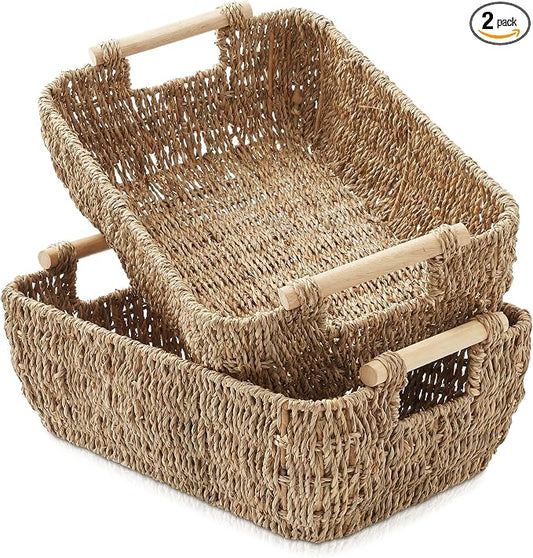 Casafield Set of 2 Seagrass Oval Storage Baskets with Wooden Handles - Large, Woven Bin Organizers by Casafield