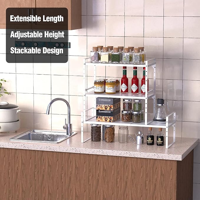 Expandable Kitchen Cabinet Storage Shelf, Stackable Metal Pantry Storage Shelves Organizer, Adjustable Height Counter Spice Rack for Kitchen Cabinet, Countertop, Pantry and Office - Image 5