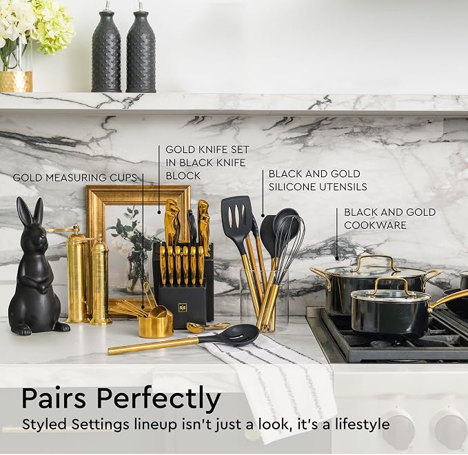 Styled Settings Black and Gold Kitchen Utensils Set, 6-Piece | Silicone Utensils Set Include Tongs, Whisk, Serving Spoon, Spatula, & Turner for Stylish Cooking - Gold Kitchen Accessories - Image 3
