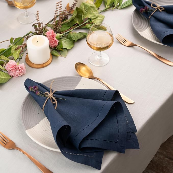 Signature Linen™ by D'Moksha Navy Blue Dinner Napkins Set of 8, 20 x 20 Inch Cloth Napkins, 100% Pure Linen, Hemstitch, Machine Washable Table Napkins- Summer, Weddings, Outdoor hostings - Image 3