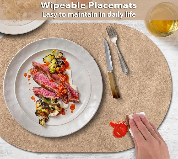 ADRIMER Placemats, Heat Resistant Oval Placemats Set of 6 Washable 12 x 17 Inch, Waterproof Table Placemats Set of 6, Wipeable Faux Leather Placemats for Kitchen, Dining Room, Apricot - Image 3