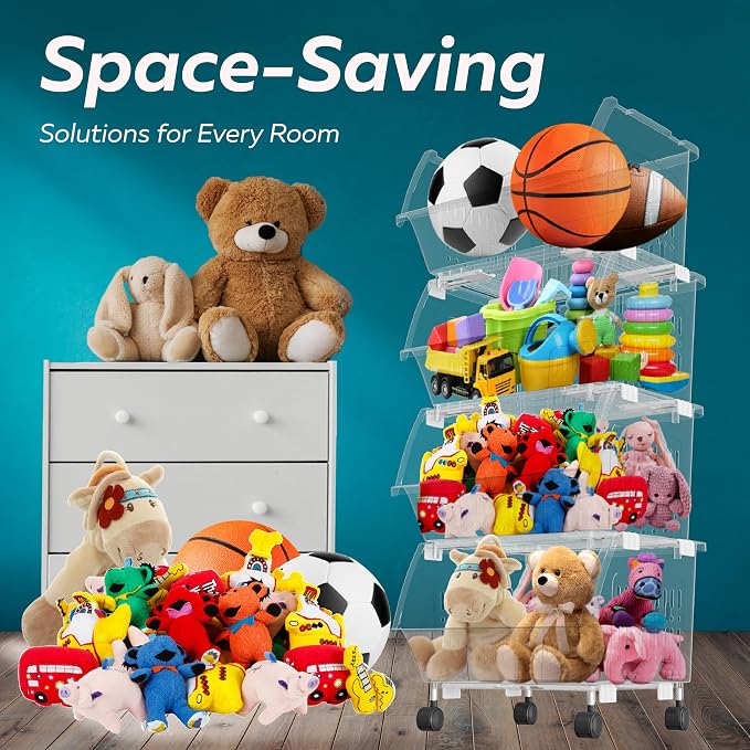 Large Stackable Storage Bins Open Front with Wheels, 4 Pack - Clear | Easy Assembly, Sturdy Plastic, Open Front Access, Smooth Rolling Wheels, Stackable, Large Capacity Storage - Image 3