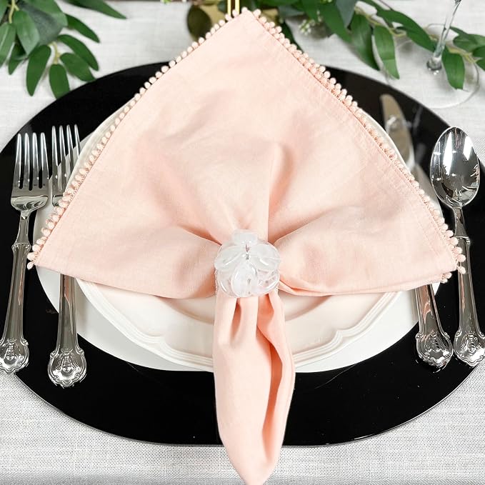 Cotton Napkins with Hand-Knotted Trim, Set of 4 – Cute Reusable Large Cloth Napkin for Dining, Weddings, Summer & Lovely Gift, 22 x 22 Inch, Peach Pink - Image 2
