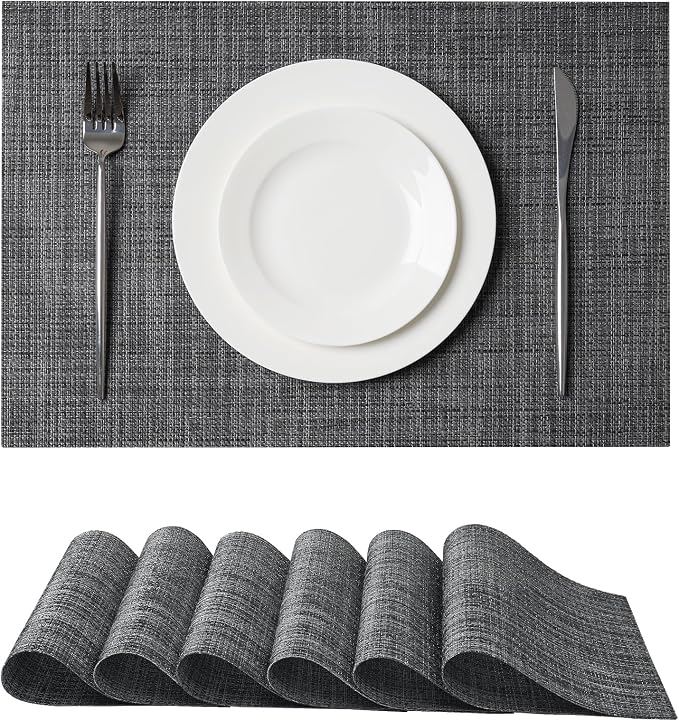 Leetaltree Black and Grey Woven Placemats Set of 6 - Heat Resistant Non-Slip Place mats for Dining Table, Washable Durable PVC Vinyl Woven Table Mats(Black & Grey, 6) by Leetaltree-ArtatEveryTable