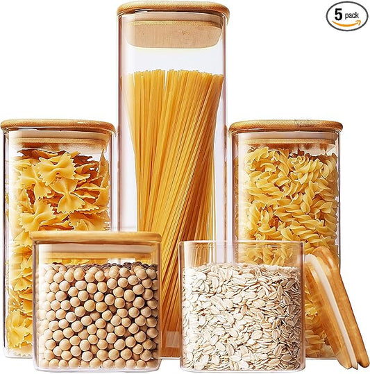 HomArtist Square Glass Jars with Bamboo Lids [Muti Size Set of 5], Glass Canisters with Airtight Lids, Glass Food Storage Containers for Pasta, Cereal, Flour, Sugar, Best for Kitchen & Pantry | 79oz/53oz/27oz Airtight Storage Jars for Pantry & Kitchen,... by HomArtist
