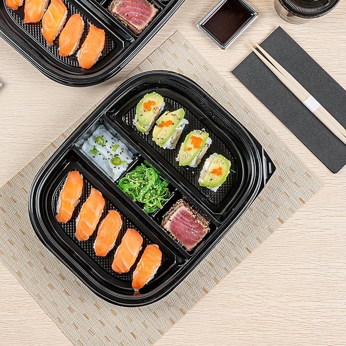 Restaurantware-Bento Tek 50.7 Ounce Meal Prep Containers, 100 Disposable To Go Food Boxes - Lids Sold Separately, 5 Compartments, Black Plastic Bento Lunch Boxes, Freezable, For Take Out - Image 7