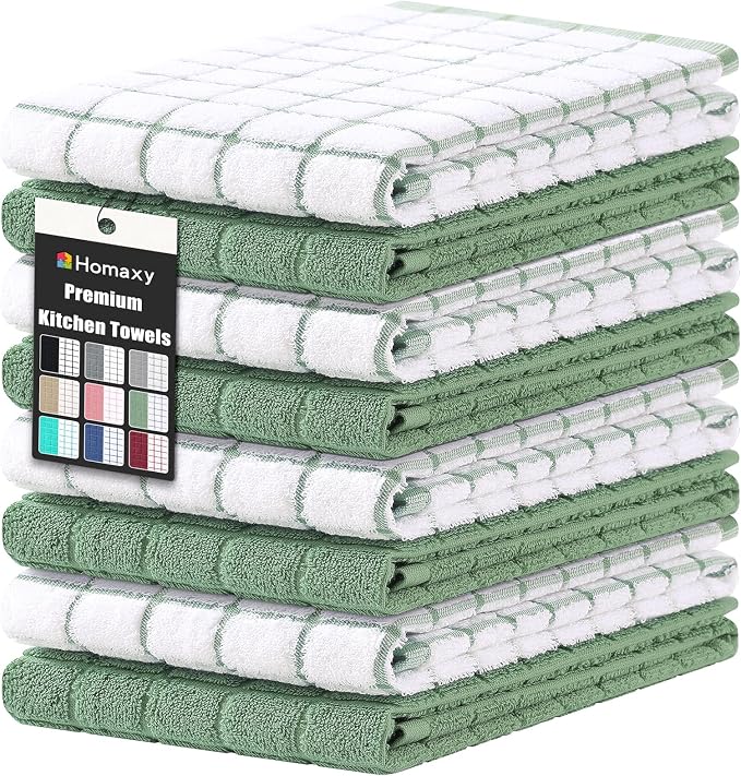 Homaxy Large Premium Cotton Kitchen Towels 16"x 28", 8 Pack, Grass Green | Natural Ring Spun 390 GSM Dish Towels, Super Absorbent Terry Kitchen Hand Towels, Soft Tea Towels with Hanging Loop by Homaxy