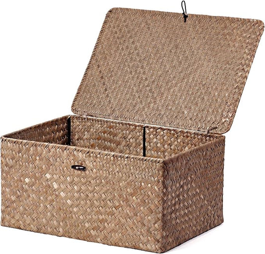 Nonam Seagrass Storage Large Basket with Lid,Wicker Basket Storage Bin with Lid for Shelves,Boho Decor,Handwoven Shelf Basket for Organizing-Storage Container Box for Home Organization-Coffee by Unknown