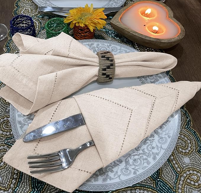 Linen Flax Cotton Cloth Dinner Napkins Set of 12 – 18x18 | Natural Fabric with hemstitched Mitered Corners – Machine Washable Wedding, Cocktail & Party table Napkins - Image 3