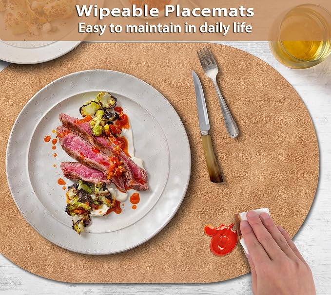 ADRIMER Placemats, Heat Resistant Oval Placemats Set of 4 Washable 12 x 17 Inch, Waterproof Table Mats, Wipeable Pu Place Mats for Kitchen, Dining Room, Light Brown - Image 3