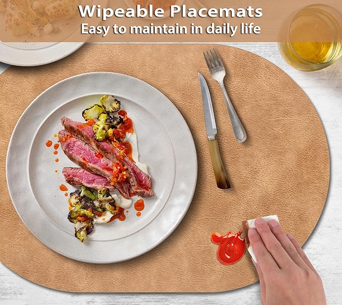 ADRIMER Placemats, Heat Resistant Oval Placemats Set of 12 Washable 12 x 17 Inch, Waterproof Table Mats, Wipeable Pu Place Mats for Kitchen, Dining Room, Light Brown - Image 3