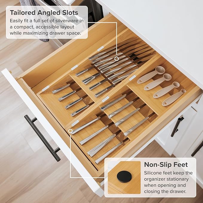 Slanted Cutlery & Flatware Organizer, 2 Pack, Bamboo | 3-compartment slanted design, labeled slots, non-slip feet, sustainable bamboo - Image 6