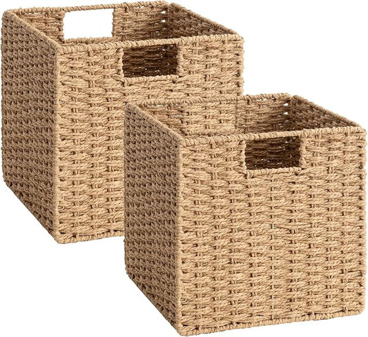 StorageWorks 11 inch Cube Storage Bins, Wicker Baskets,Storage Cube,Natural | 2-Pack, Paper Rope Baskets for Organizing, Handwoven Organizer Baskets, Foldable 11 inch Cube Storage Bins, Square Baskets by StorageWorks