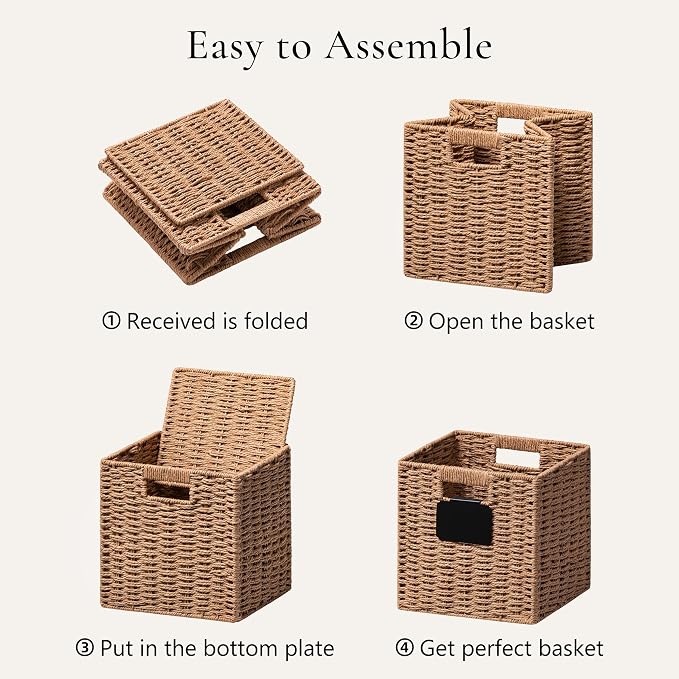 UBBCARE 4 Pack Small Wicker Basket, 9×9 Storage Cubes with Label, Foldable Cube Storage Bin with Handle, Square Storage Basket for Shelves, Woven Paper Rope Basket for Organizing, Caramel - Image 7
