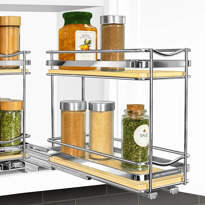 LYNK PROFESSIONAL® Élite™ Pull Out Spice Organization for Cabinets - 4-3/8 inch Wide – Spice Rack for Inside Cabinets – Wood/Chrome - Sliding Spice Rack Organizer for cabinet – Spice Rack - 2 Tier - Image 9