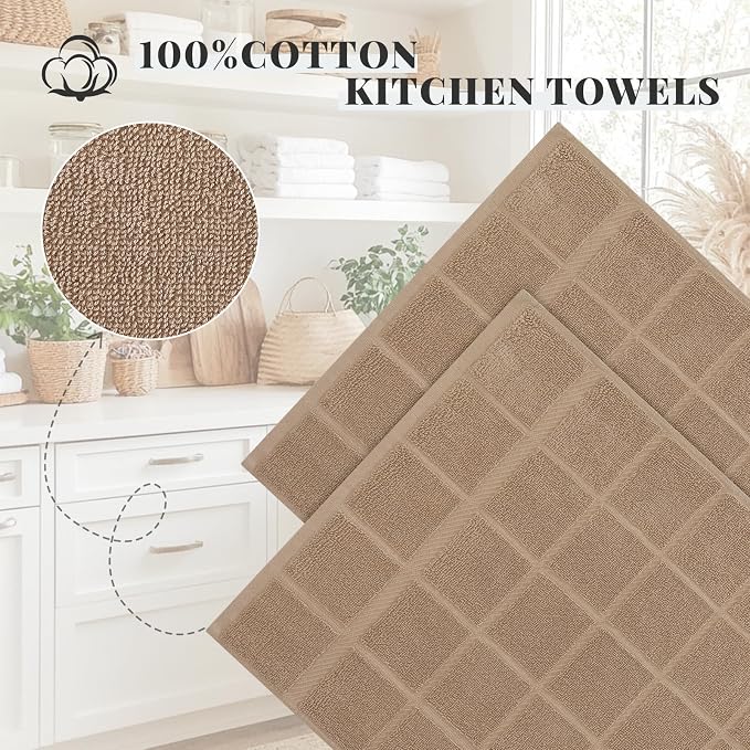 Homaxy 100% Cotton Kitchen Towels 18"x28", 8 Pack Dish Towels, Khaki | Large 380 GSM Soft and Absorbent Kitchen Hand Towels with Terry Grid Design, Utility Tea Towel Set with Hanging Loop - Image 3