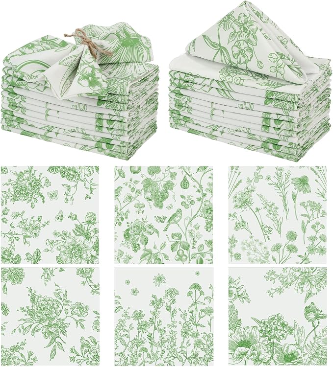 Kochorie 24 Pieces Green Floral Cloth Napkins, 18 x 18 Inch Reusable Soft Fabric Napkins, Washable Flower Dinner Cocktail Napkin for Spring Summer Tea Party Holiday Home Kitchen Wedding Restaurant by Kochorie