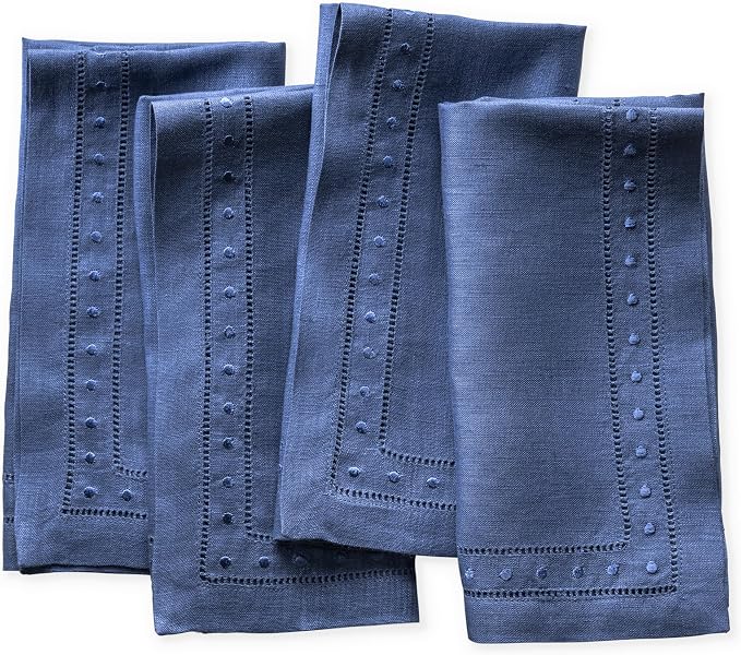 Linen Napkins Set of 4-100% Pure Linen Navy Blue Dinner Napkins with Embroidered Dot 18 x 18 inch - Hemstitch Cloth Napkins Washable for Summer and Wedding Decor by OlucioAuthentiqueHome
