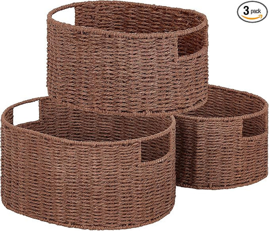 Wicker Storage Basket, Set of 3 Hand-woven Storage Baskets for Organizing, Round Large Wicker Baskets for Storage Decor, Pantry Storage Cubes Organization Baskets for Shelves, Brown by Vagusicc