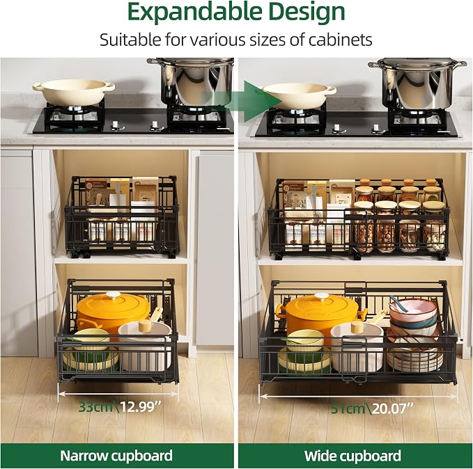 1 Pack Expandable Pull Out Cabinet Organizer, 19.7" Deep | Pull Out Drawers for Cabinets with width from 13" to 20", Cabinet Drawers Slide Out with Upgrade 3 Slide Rails, Hold 65 lbs - Image 3