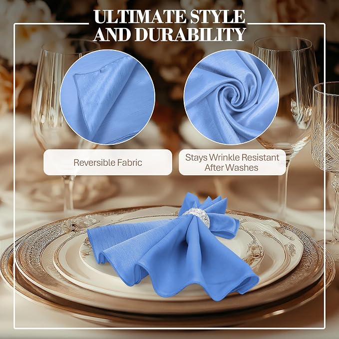 17x17-Inch Shantung Cloth Napkins, Periwinkle, Set of 12 | Bulk Case of 1 Dozen, Satin, Square, 100% Polyester Fabric, Reversible, Faux Dupioni Silk Reverse Side, Machine Washable - Image 3
