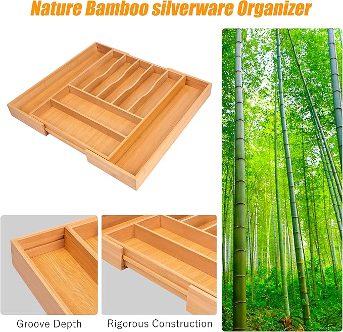 Large Premium Bamboo Silverware Organizer - Expandable Utensil Drawer Organizer - 17"x19.6" Utensil Holder and Cutlery Tray with Grooved for Kitchen Flatware and Utensils Mother's Day Gift - Image 4