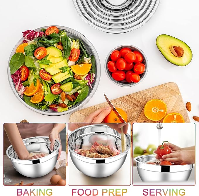 E-far Mixing Bowls with Lids Set, 7-Piece Stainless Steel Mixing Bowls with 3 Grater Attachments, Size 4.6, 3.5, 2.6, 2, 1.5, 1, 0.7QT, Nesting Design & Colorful Airtight Lid, For Baking/Prepping - Image 2