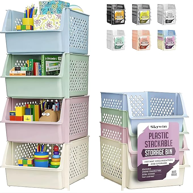 Skywin Stackable Storage Bins Open Front for Pantry Storage, 4 Pack - Multi | Sturdy Plastic, Easy Stacking, Open Front Access, Ventilated Sides, Vertical & Space Saving Pantry Organizers and Storage Bin by Skywin