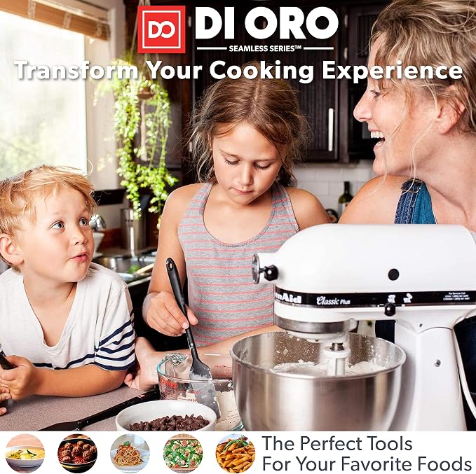DI ORO Seamless Series 7-Piece Silicone Utensil Kitchen Set - 600°F Heat-Resistant Rubber Cooking and Baking Tools - Food Grade, BPA Free, and LFGB Certified Silicone - 5 Spatulas and 2 Spoons (Black) - Image 6