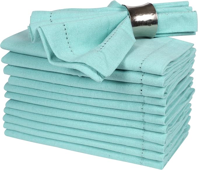 Bedding Craft Cotton Cloth Dinner Napkins Set of 12 – 18x18 Aqua with Hemstitched Mitered Corners – Reusable Machine Washable Napkins for Weddings, Parties & Table Decorations by BeddingCraft