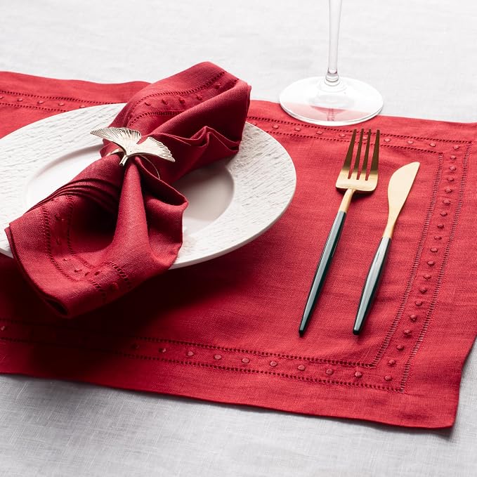 Linen Napkins Set of 4-100% Pure Linen Red Embroidered Dinner Napkins - Hemstitch Cloth Napkins Washable for Halloween, Christmas and Winter Decor - Image 9