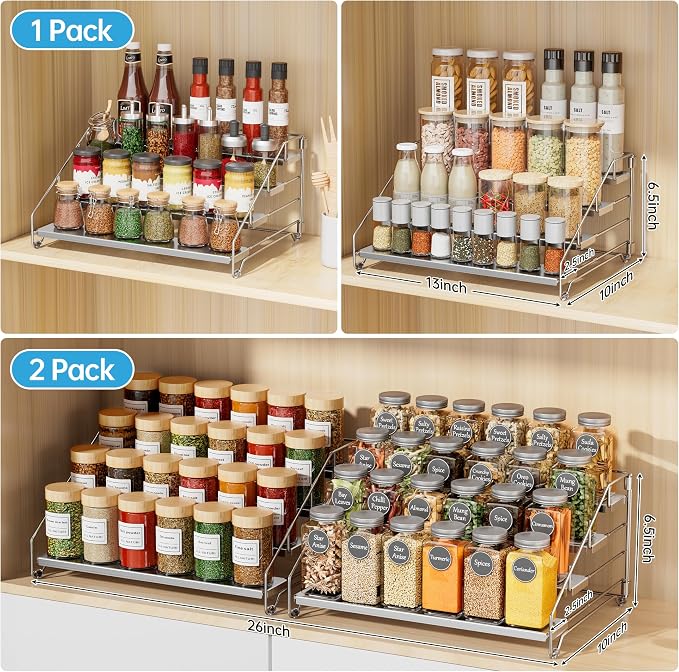 BOIVSHI Spice Organization for Cabinet, Adjustable Depth Spice Shelf | 4 Tiered Spice Rack for Cabinet, Metal Space Saving Spice Organizer for Countertop, Easy Access Spices - Chrome, 2 Pack - Image 3
