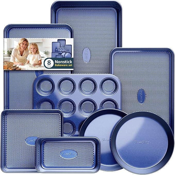 Baking Pans Set 8-Piece Bakeware Sets, Baking Sets for Cooking Oven Pan Set | Nonstick Oven Pan Set, Baking Sheet Set, Cookie Sheets for Baking, Muffin Pan, Ceramic Coated Blue by SlowSLog