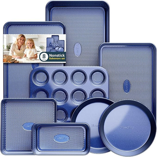 Baking Pans Set 8-Piece Bakeware Sets, Baking Sets for Cooking Oven Pan Set | Nonstick Oven Pan Set, Baking Sheet Set, Cookie Sheets for Baking, Muffin Pan, Ceramic Coated Blue by SlowSLog