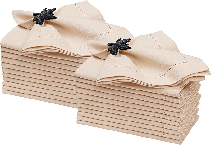 Linen Flax Cotton Cloth Dinner Napkins Set of 24-18x18 Natural Fabric with Hemstitched Mitered Corners - Machine Washable Wedding, Cocktail & Party Table Napkins - Natural by ALPHALivingHOME