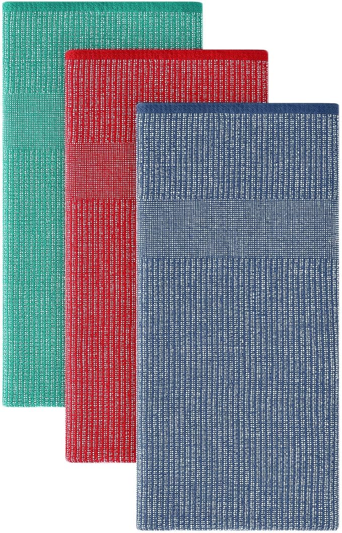 Homaxy 380 GSM Cotton Premium Kitchen Towels 3 Pack, 18"x 28", Mix | Flat and Terry Dish Towels, Highly Absorbent Tea Towel Set with Hanging Loop, Soft Kitchen Hand Towels, Navy/Red/Green by Homaxy