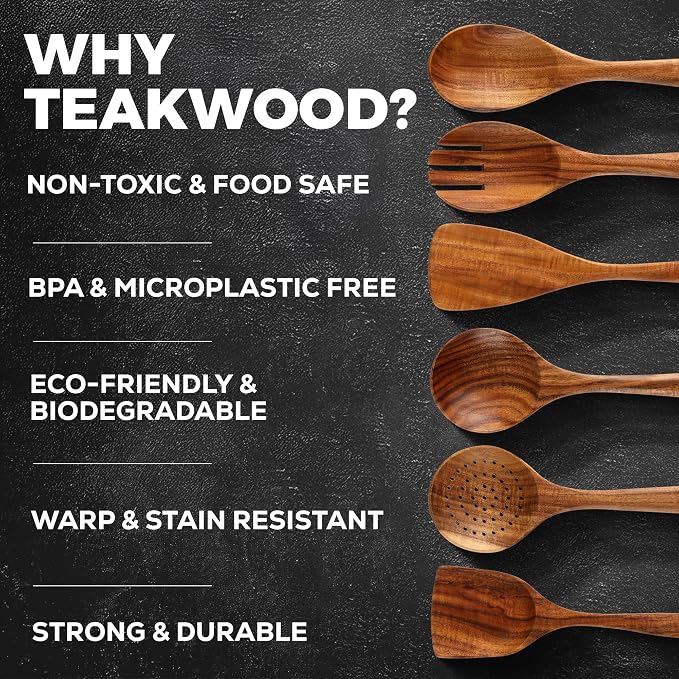 Zulay Kitchen 7-Piece Wooden Cooking Spoons Set – Heat-Resistant, Smooth Teak Utensils with Comfort Grip – Lightweight & Durable – Easy to Clean, Perfect for Non-Stick Cookware - Image 4