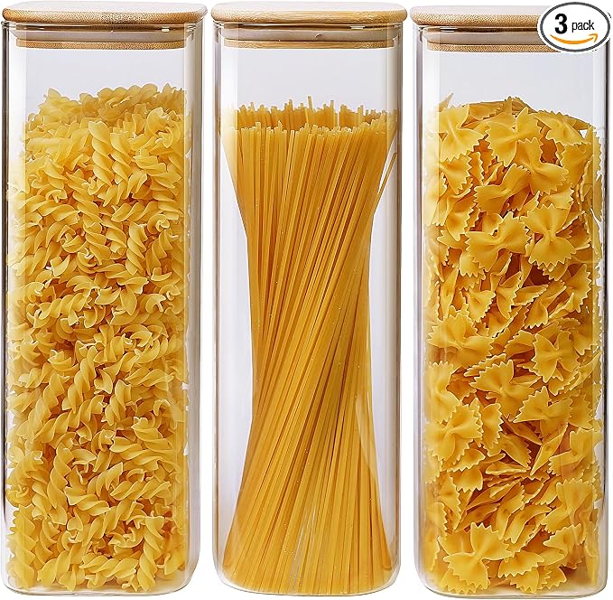 HomArtist Square Glass Jars with Bamboo Lids 79 FL OZ [Set of 3], Glass Canisters with Airtight Lid, Glass Food Storage Containers for Spaghetti, Fettuccine, Linguine,Pasta, Best for Kitchen & Pantry by HomArtist