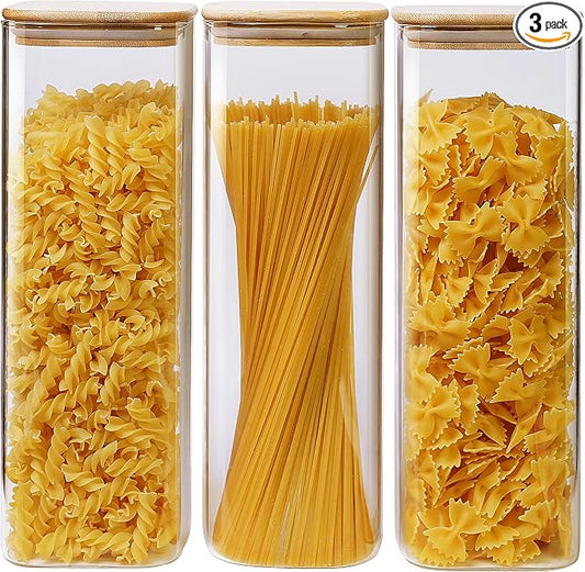 HomArtist Square Glass Jars with Bamboo Lids 79 FL OZ [Set of 3], Glass Canisters with Airtight Lid, Glass Food Storage Containers for Spaghetti, Fettuccine, Linguine,Pasta, Best for Kitchen & Pantry by HomArtist