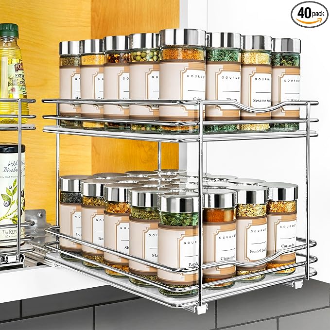 LYNK PROFESSIONAL® Pull Out Spice Organization for Cabinets - 8-3/8 inch Wide – Spice Rack for Inside Cabinets, Slide Out Spice Rack Organizer for cabinet – Pull Out Spice Rack, Sliding 2 Tier Chrome by LYNKPROFESSIONAL