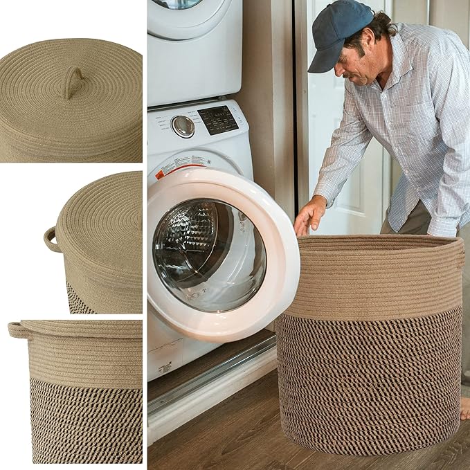 Extra Large Storage Basket with Lid 60L, 16"Wx18"H Woven Laundry Hamper Basket with Handle, Jute Rope Wicker Basket Blankets Pillows Storage in Living Room Baby Nursery, Jute/Black Mix includes Lid - Image 5