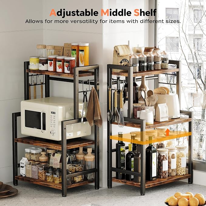Kitchen Countertop Organizer,3 Tier Large Spice Rack Organizer with Adjustable Shelf and 5 Hooks,Wooden Counter Organizer,Space Saving Countertop Shelf Microwave Stand for Kitchen,Bathroom,Coffee Bar - Image 2