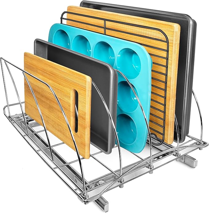 LYNK PROFESSIONAL® Pull Out Cookie Sheet Organizer for Cabinet – Baking Sheet Organizer – Sheet Pan Organizer - Lifetime Ltd. Warranty – 14” x 21” Deep Inside Cabinet, Chrome by LYNKPROFESSIONAL