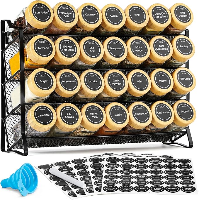 AOZITA Spice Rack Organizer for Cabinet, 28 Empty Spice Jars with Bamboo lids, Funnel, Spice Labels, Seasoning Organizer for Countertop, Cabinet, Kitchen, Pantry, Cupboard by AOZITA