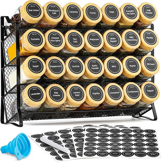 AOZITA Spice Rack Organizer for Cabinet, 28 Empty Spice Jars with Bamboo lids, Funnel, Spice Labels, Seasoning Organizer for Countertop, Cabinet, Kitchen, Pantry, Cupboard by AOZITA