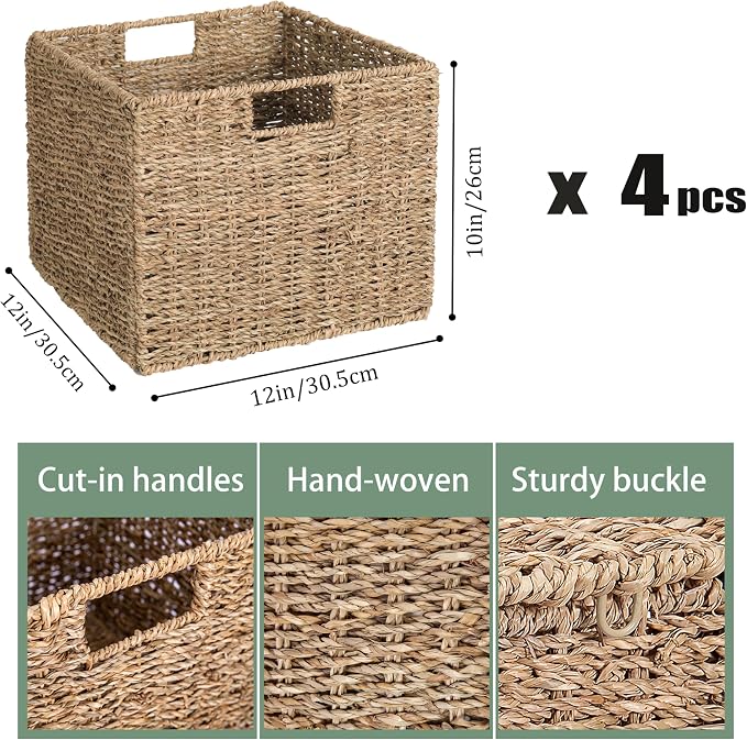 12x12x10in Seagrass Storage Baskets Set of 4, Large Wicker Storage Basket, Decorative Seagrass Shelf Basket, Pantry Baskets Organization,Folding Storage Cube Bins - Image 5