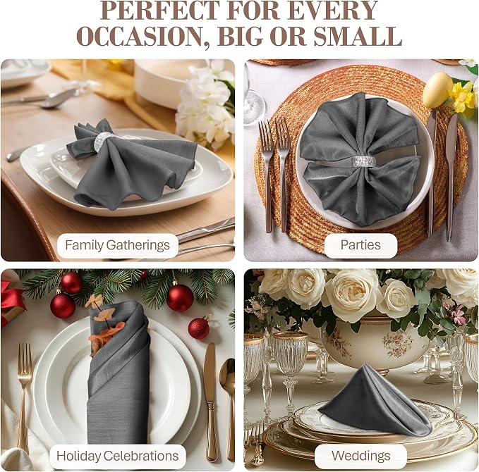 17x17-Inch Shantung Cloth Napkins, Charcoal, Set of 12 | Bulk Case of 1 Dozen, Satin, Square, 100% Polyester Fabric, Reversible, Faux Dupioni Silk Reverse Side, Machine Washable - Image 4