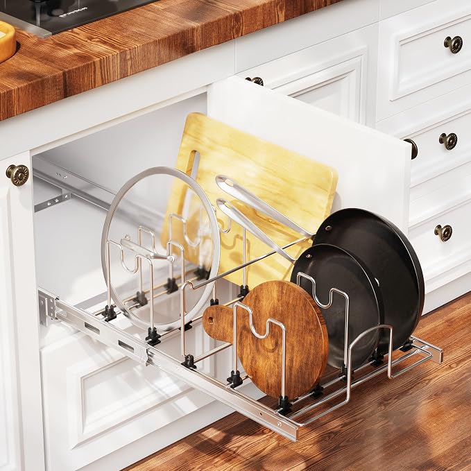 Pull Out Pots and Pans Organizer Under Cabinet, Sliding Adjustable Pot Rack with 11 Adjustable Dividers, Chromeplating Pot and Pan Holder Rack, Full-Extension Rail 15" W X 22" D - Image 8