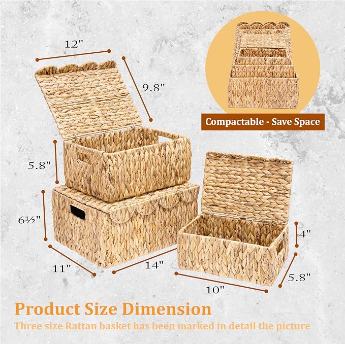 LUSYDECO Set of 3 Scalloped Edge Wicker Basket with Lid, Rectangle Wicker Storage Basket with Built-in Handles, Multipurpose Organizer Rattan Display Boxes for Shelf, Nursery Room - Image 2