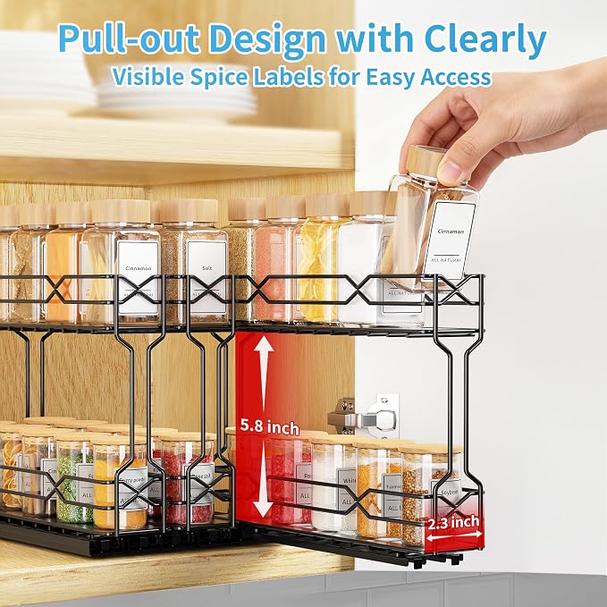 BOIVSHI Pull Out Spice Rack, Spice Organizer for Cabinet-2.3"W×10.5"D×9.7"H | 3 Pack Spice Racks for Inside Cabinets, Metal No Drill Install Spice Rack Organizer for Cabinet, Black - Image 6